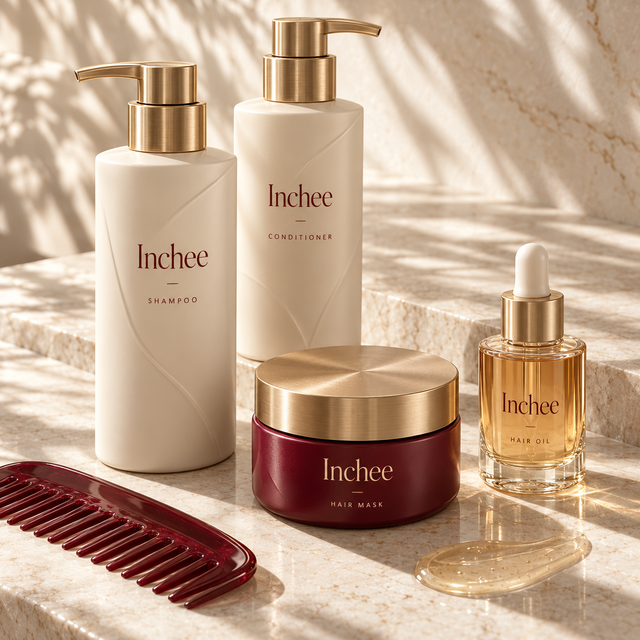 Inchee haircare packaging concept with shampoo, conditioner, hair mask and oil.